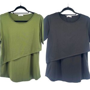Ekouaer Maternity Nursing Tops 2-Pack Olive & Black Pullover Short Sleeve Medium
